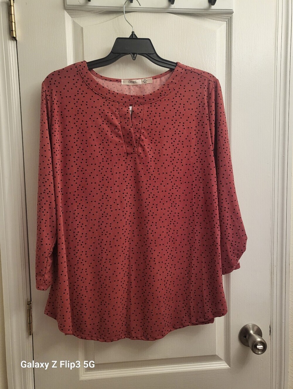 CURE. Pink & Black Polka Dot Keyhole Blouse